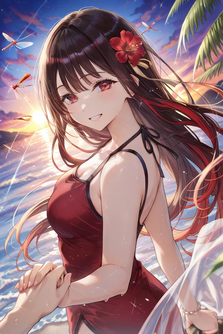 Hibiscus themed artwork, ((Highest quality)), High resolution, 8k, Cinematic Light, High Contrast, Written boundary depth、Tropical、Healthy tanned skin、beautiful, Strong brilliance, Detailed Background, One Girl, cute, fine grain, Shining Eyes, Detailed Iris、