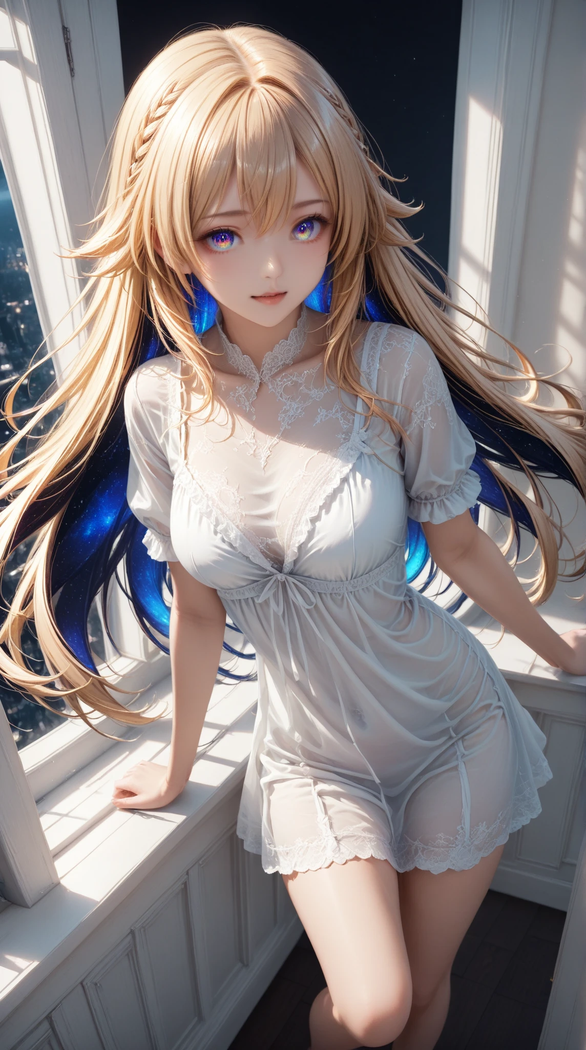 Long ponytail, Blue eyes, Blonde woman、sexy facial expression、huge tit、Spreading legs、Almost naked、Top image quality,High Quality、RAW Image、Realistic、More up to the delicate zone、bristle、The background is a futon