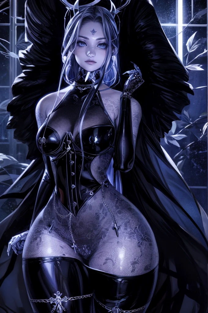 cloak, pale white skin, no eyes, female, wide hips, small breasts, robes, hauntingly beautiful, cleavage, large black wings