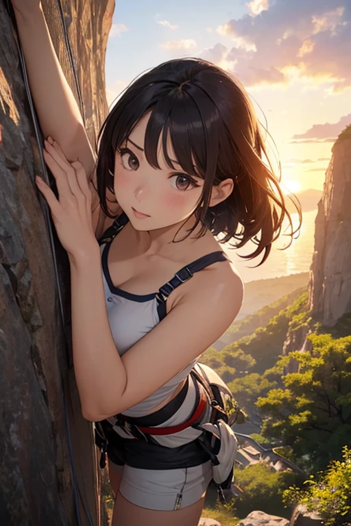 highest quality、High resolution、Detailed Background、(Beautiful face in every detail:1.4)、Anatomically correct、(Draw the usual number of fingers:1.2)、(Detailed facial expressions)、(Detailed eyes:1.2)、(Detailed eyes:1.2)、Beautiful, smooth skin、age beauty、(Highly detailed face:1.4)、Cute color hair color、ponytail、Bobcut、well-groomed eyebrows、Cowboy Shot、
(Beautiful girl climbing in nature:1.5)、
Enjoy climbing while feeling the breeze under the blue sky、Mountain々Enjoy bouldering in the beautiful valleys and gorges that stretch between、
Enjoy rock climbing on the rocks and cliffs near the sea、The ocean views from the cliffs are particularly spectacular.、
Enjoy climbing at sunrise or sunset、The sunset time creates a romantic atmosphere.、
Trees in a natural forest々Enjoy bouldering on the rocks.、You can enjoy colorful and beautiful scenery.