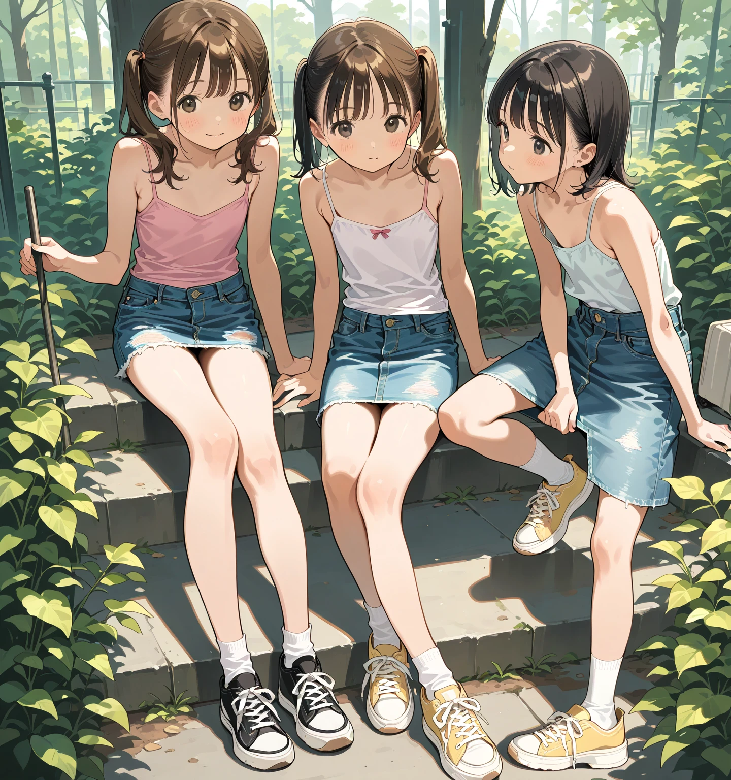 Three happy girls were sitting on the stone steps, Take a full body photo、Have fun and laugh、She was wearing a white blouse, バンズ sneakers, Red checked skirt、白いsneakers, Black Hair, detached houses, Flowers,Happy girl with round face, Big eyes, Long eyelashes, Full-body display、Detailed Private Parts、Hairless、Detailed female genitalia、Spread your legs、真From below、I see your white pants、Highest quality, Ultra-high resolution, (Realistic: )2D official style cel animation,((Like Hayate!three girls sitting in a row。))mini skirt,Summer Shirts,(Lace panties),loose socks,sneakers,Full body portrait,(From below),Station stairs,sunny,Troubled face,Spread your legs,(((Sexy see-through lingerie for women,Shiny bodysuit,Smooth and silky clothing,Trimmed combination,Lace Stockings,Erotic leash,pajamas))),