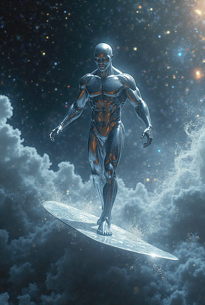"Explore the cosmic waves with the Silver Surfer, as he glides effortlessly through the vast expanse of space, its metallic form shining in the light of distant stars.