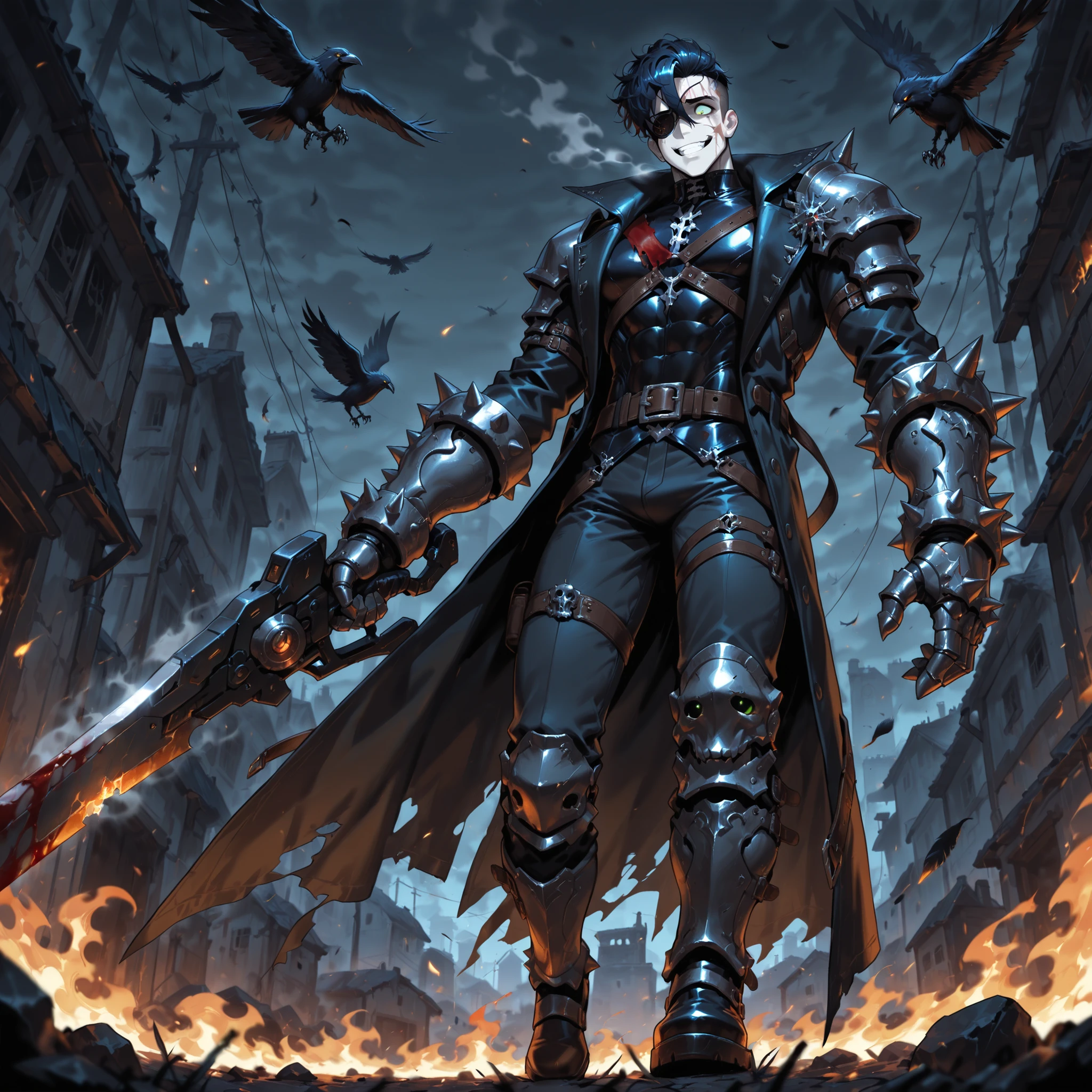 solo, 1boy, solo, green Eyes, Black dark blue Hair, messy hair, short hair, undercut, hair between eyes, handsome, sexy man, sensual, pale skin,  cool, grin with big_frame holding a long_gun_blade is stepping on a , low angle, gun blade, focus boots, long trench coat, pauldron, shoulder armor, dreary style, metal gloves, gauntlet, spike knuckle, background abandoned town, grin, large jaw, steam from mouth, Victorian theme, sleek hair,  sad, happy, grin, crazy eyes,  ((scar face)), deep scar, eye patch, bondage, strap chest with leather belt, steel protruding through left chest, Three-Quarter Angle body facing, crow in the sky circling the character, burning, fire, undead, (((rotten flesh))), blood on cloth, butcher, (((((gothic theme)))))