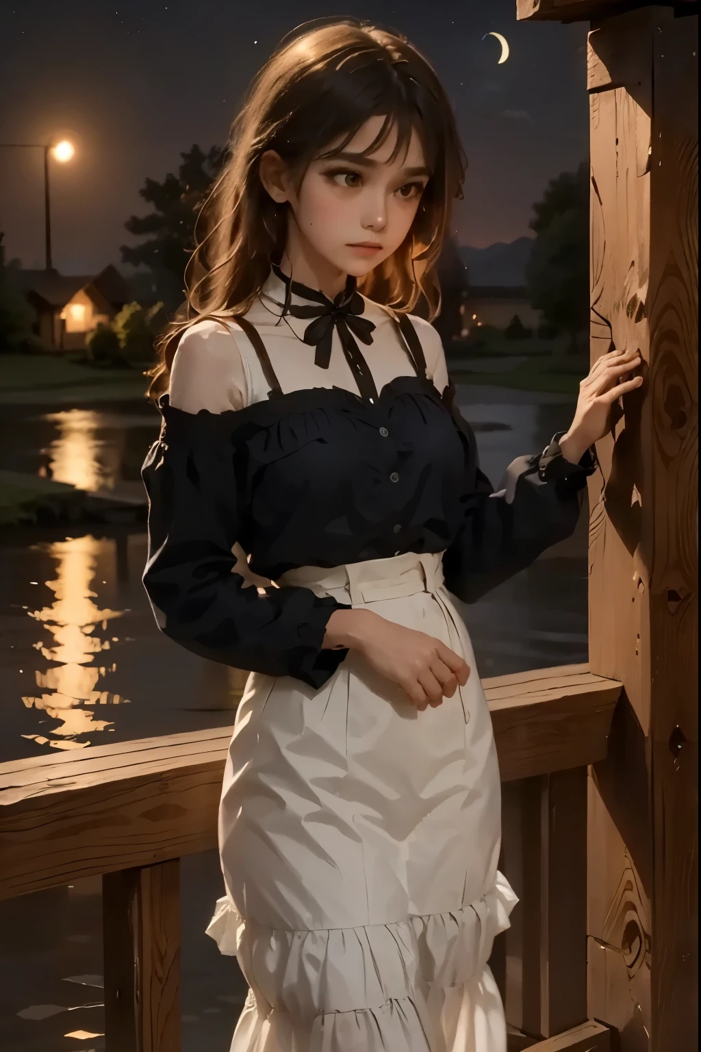 A serene clear night scene: a star-studded sky dominates the framing, with a subtle crescent moon hanging low on the horizon. The darkness is punctuated by a few wispy clouds, softly illuminated by the gentle light of distant stars. A lone figure stands at the edge of a tranquil lake, silhouette against the celestial canvas, lost in contemplation under the infinite expanse of the clear night sky.