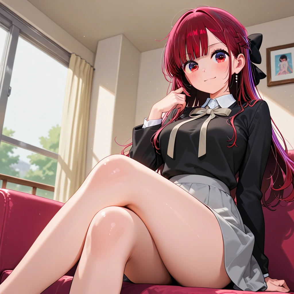 (8K, Highest quality, Highest quality, masterpiece), sit on the floor, aaitsuki, long hair, ahoge, star hair ornament, (fullbody), smile, school uniform, blazer, black jacket, open jacket, red sweater, long sleeves, (denim hot shorts), (mini shorts), big breasts, ((spread legs 1:2))