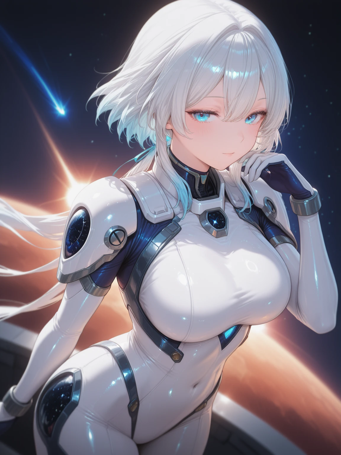girl, white hair, curly hair, short hair, black futuristic suit, big breast