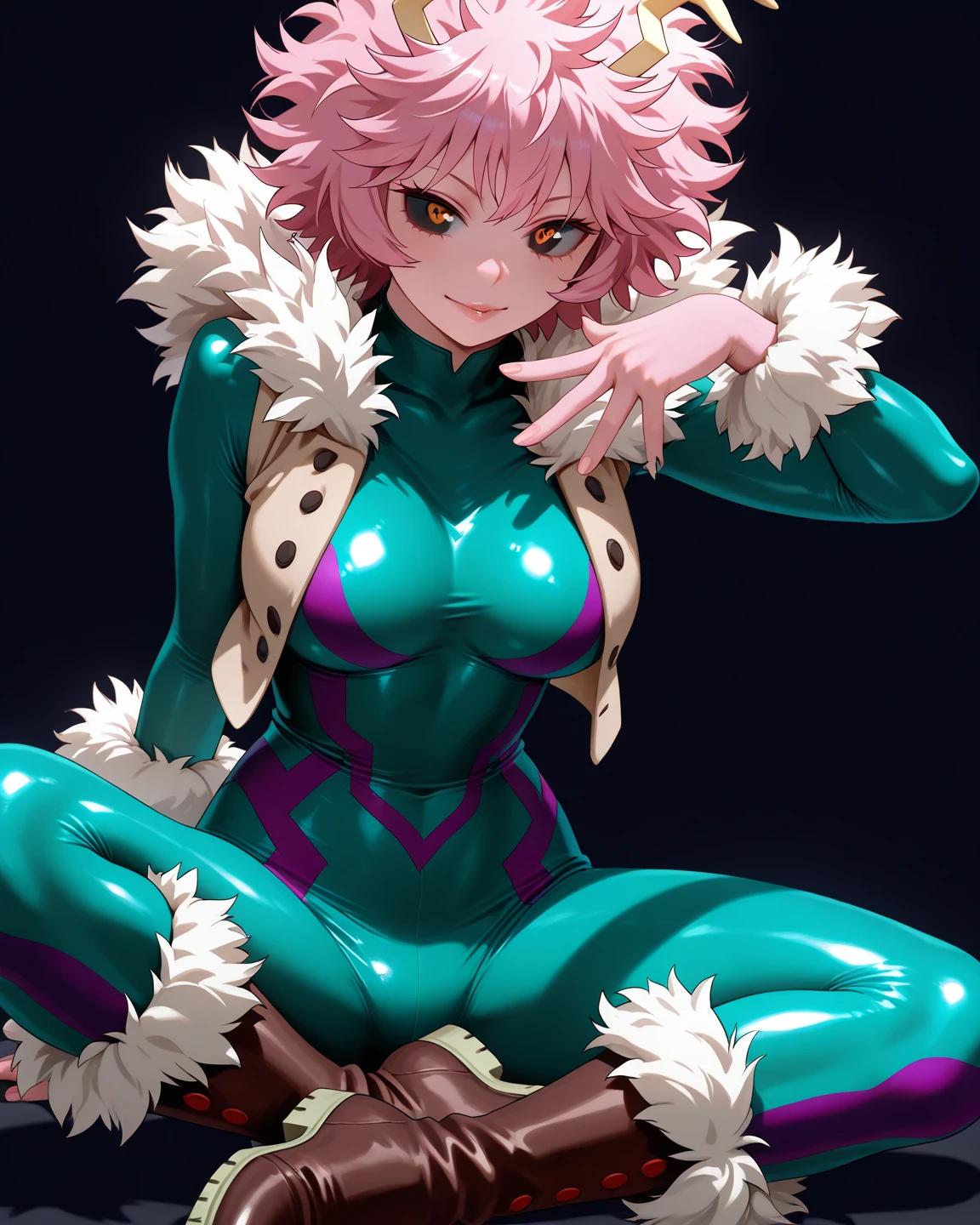 (extremely detailed CG unity 4k wallpaper),(masterpiece),(best quality),(ultra-detailed),(best illustration),(best shadow),(absurdres),(detailed background) <lora:OGT_Mina_Ashido-v1:1> Mina Ashido, ashido mina, 1girl, black sclera, pink skin, horns, pink hair, colored sclera, solo, unitard, breasts, yellow eyes, colored skin, cleavage, short hair, large breasts, bodysuit, outdoors, smile
