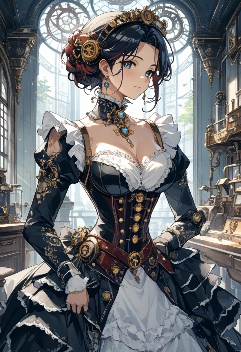 A whimsical Victorian-steampunk fusion portrait featuring Blake Akane Kurokawa as a kawaii protagonist. Set against a muted backdrop, she poses in front of an antique clockwork mechanism, surrounded by intricately crafted gears and cogs. Her dark blue-purple chibi hair falls in soft waves around her face, framing her bright green eyes. A delicate corset adorns her frame, accentuating her waist, while a voluminous skirt flows behind her like a misty veil. Lace, ruffles, and ribbons adorn the hem, adding a touch of femininity to this steampunk-inspired masterpiece.