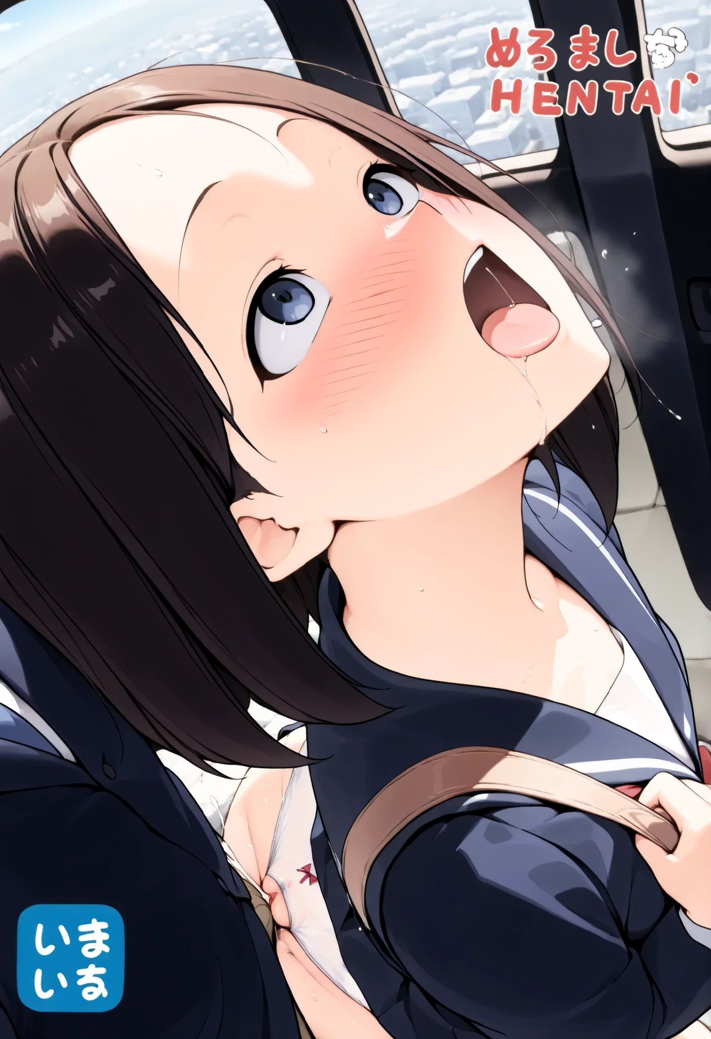 round face, deep-blush, shame, open mouth, tongue, drooling, open eyes, drooping eyes, ((focus on her face)) clothes, holding a shoulder bag, ((orgasm moment))),(((large hentai title, facing up, aerial angle))), (many heading), panties with clitoris and labia outline, angle from side,