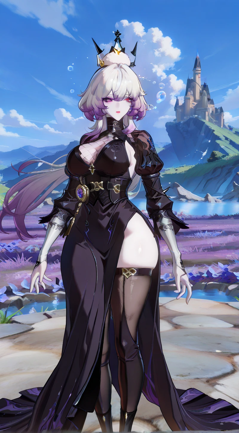 "(masterpiece:1.1), best quality, NSFW, 
1girl, (80s anime style:1.3), (eyelashes:1.5), (loli:1.2), 
(intricate high detailed body:1.2), 
(green hair:1.1), (hair between eyes:1.1), (short hair:1.1), (witch hat:1.2), 
blue eyes, (thick eyebrows:1.1), 
(pale skin:1.3), (gigantic breasts:1.5), 
(expressionless:1.2), 
(see-through lace leotard armor, navel cutout, tattoo:1.2), (pantyhose:1.2), 
(knight armor, armored boots, capelet:1.2), (accessories:1.1), sleeve, 
standing, arms behind back, 
(from above:0.8), (full body, looking at viewer, from front:1.1),
(daytime, grassland, outdoors:1.2)"