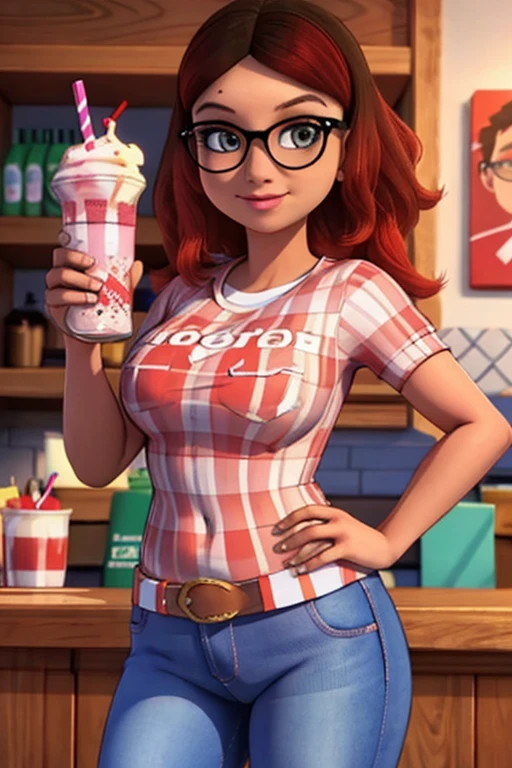 (8k, RAW photo, best quality, masterpiece:1.2), (intricate details), perfect eyes, perfect face, perfect lighting, beautiful, (masterpiece:1.2), (best quality:1.2), 1girl, solo, alya, glasses, brown eyes, happy face, beauty spot, adult torso, 17 years old, big sized breasts, (j turtle sweat orange bottomless nude pussy and ass ), holding a milkshake, cowboy shot, 3DMM