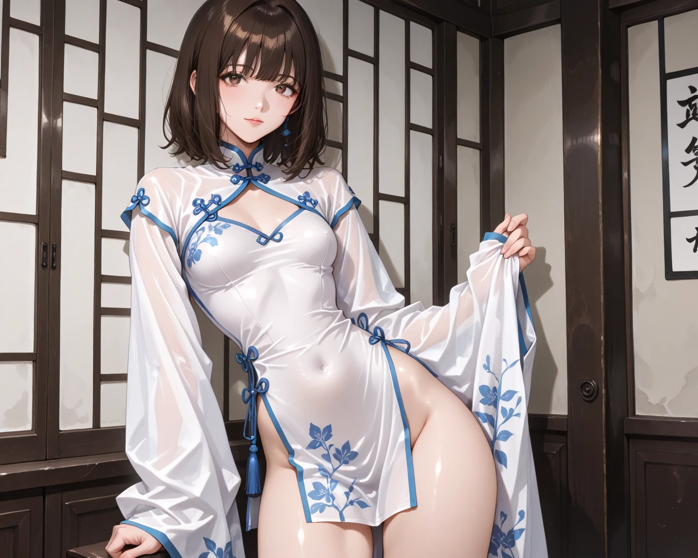 A masterpiece、beste-Quality、Ultra-detailded、Realstic、hyper detailled、(((nsfw)))、(perfect anatomy)、1girl、solo、blue eyes、slender body、((flat chest))、((small buttocks))、Embarrassed blush、gleaming skin、(transparent polyvinylidene chloride)、(((Sheer)))、((see-through wet yukata))