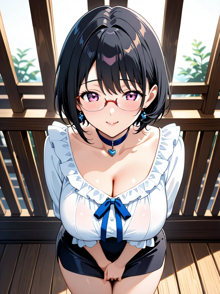 ((Highest quality、masterpiece、High resolution))、(((Zoom photo of upper body:1.95、look up、15 years old、Glasses、Idol、Beautiful Skin、semen、Wet body、Wet Hair、Nurse uniform、Cute Smile:2.5、Cleavage、Large Breasts、hospital、Black Hair、short hair)))
