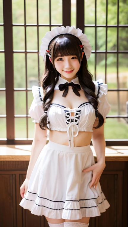 Highest quality、 High resolution、 Perfect detail、 Beautiful and cute girl、 Laughter、 maikurobiki、 Long and beautiful legs、 (Raise your hand:1.2)、(Jump:1.1)、(Underbust:1.3)