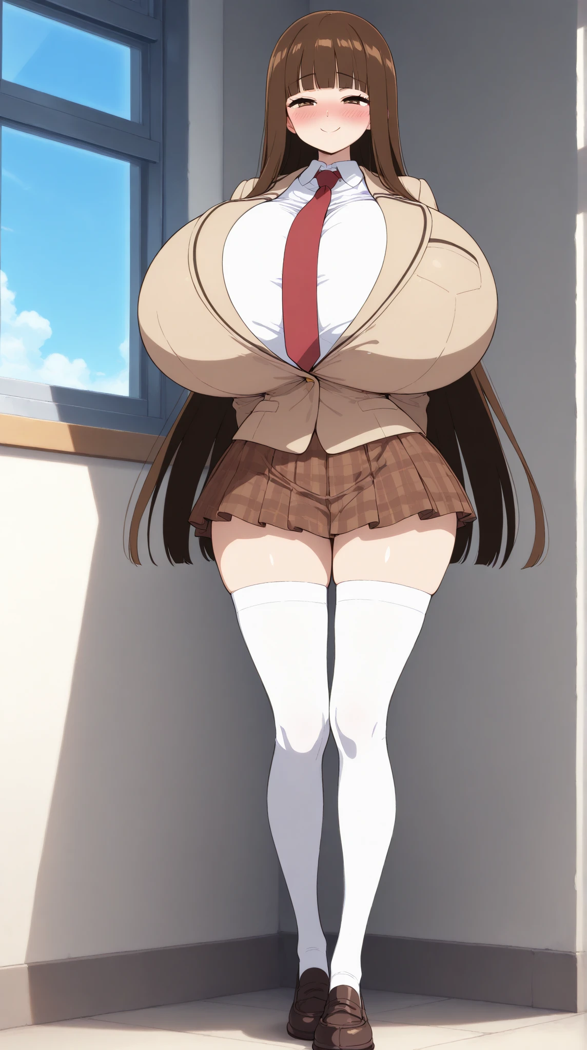 highest quality, masterpiece, High resolution, 1 girl, one body, sae chabashira, (30 year old adult woman:1.5), Long Hair, (black髪:1.5), (hair ornaments), (Brown eyes:1.5), ponytail, (Hair Clip), clavicle, (black_Jacket:1.5), (whiteのシャツ:1.5), (Detailed and beautiful eyes:1.6), Highly detailed face, Perfect lighting, Extremely detailed CG, (Perfect hands:1.5), (Perfect Fingers:1.5), (blush), classroom, (big胸:1.5), (big:1.5), (Wide pelvis), (Are standing), (huge_Lower Body:1.5), (Very thick_Thighs), (完全に露出したPanties:1.5), (Panties丸見え:1.5), (white_race_It's stuck in_Panties:1.5), (股間のアップをFrom below見上げる_perspective:1.5), (From below:1.5), (Place your hands on your hips:1.5), (Cowboy Shot:1.5)
