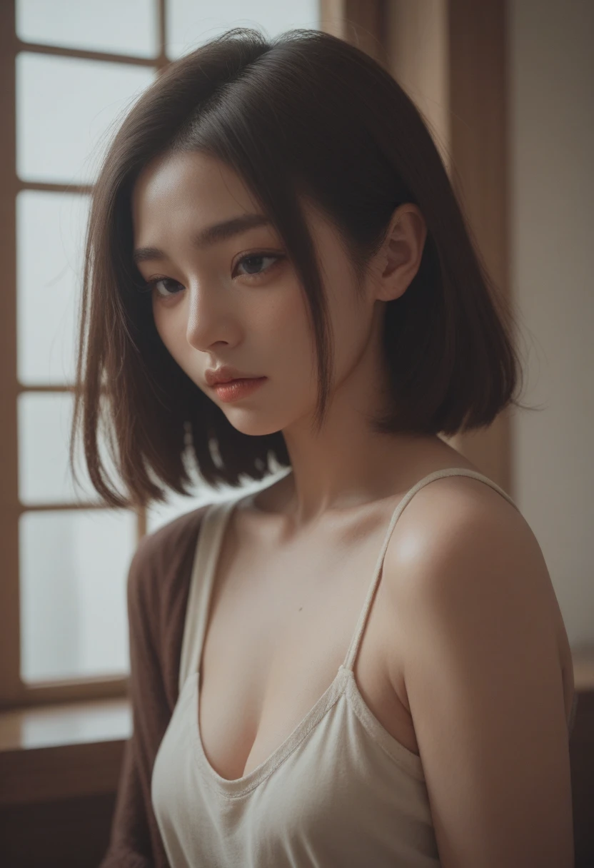 (best quality,4k,8k,highres,masterpiece:1.2),ultra-detailed,(realistic,photorealistic,photo-realistic:1.37),beautiful detailed eyes,beautiful detailed lips,extremely detailed eyes and face,longeyelashes,1 girl,portrait,fantasy landscape,magical forest,glowing fireflies,warm sunlight,dramatic lighting,vibrant colors,cinematic, cute face, pretty girl, ((short hair)), 
