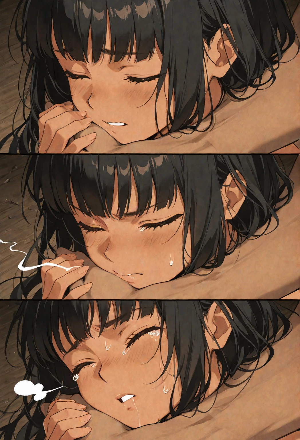 Several cute girls Iris high resolution poor family (Boyish body) (Full nudity) (sad:1.2) (5 years old) ((Concrete basement)) Black Background (Wet and disheveled black hair) ((Shooting from above while lying in bed)) (Sweat) Many ((Lean, slender body))