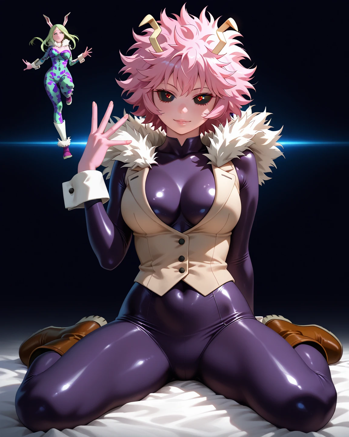 masterpiece, best quality, highres, ashidomina, short hair, horns, (colored sclera:1.1), (black sclera:1.2), pink skin, collarbone, bare shoulders, cleavage, fur trim, vest, unitard, bodysuit, cameltoe, <lora:ashido_mina_v1:0.8>, from below, <lora:add_detail:0.5>