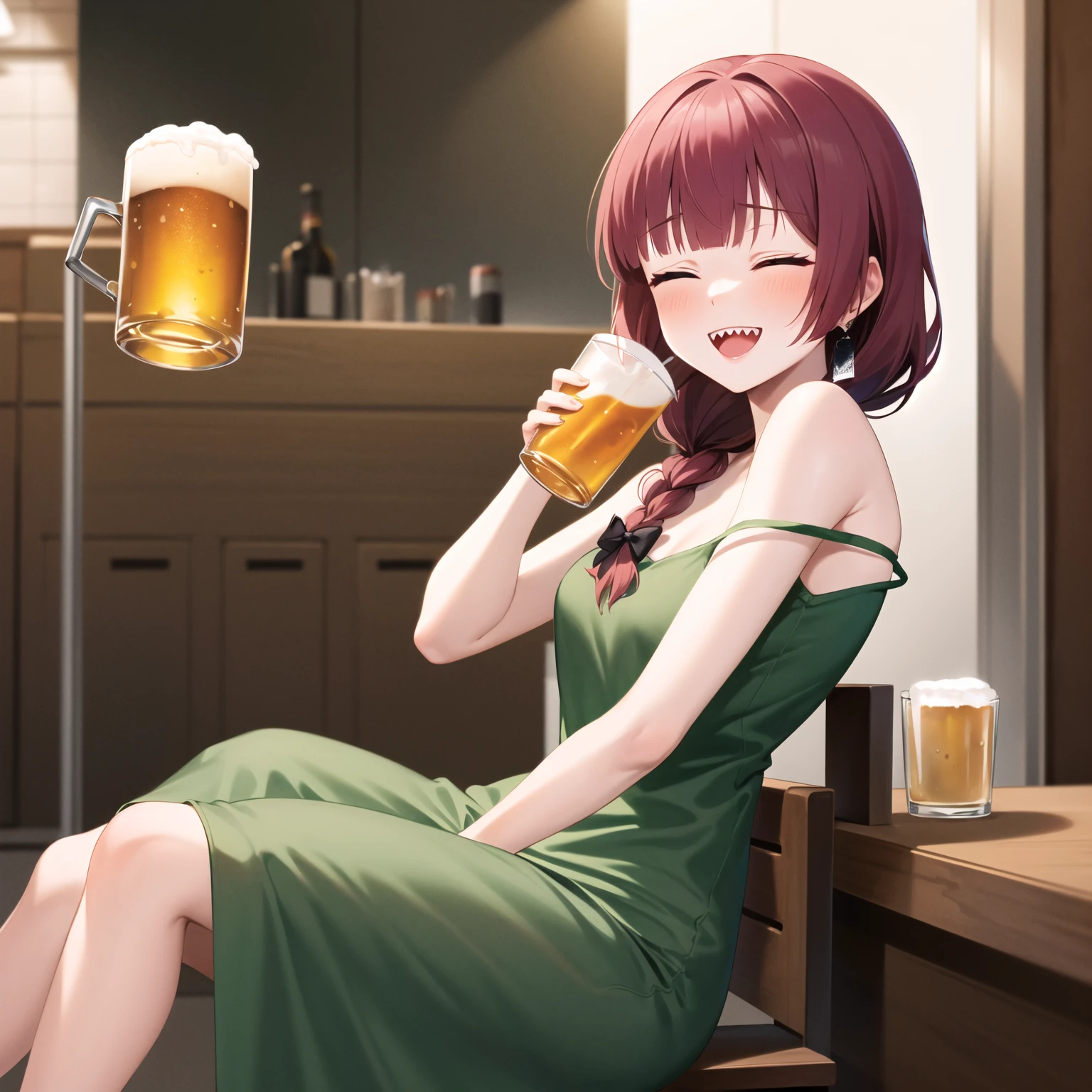 masterpiece, Highest Quality, high resolution, , long hair, single blade from Xiaoman, hair bow, shoulder hair, closed eyes, sharp teeth, medium bust, green dress, sleeveless, strap slip with disheveled hair, bar, is sitting, holding a cup , beer, intoxicated, smile
