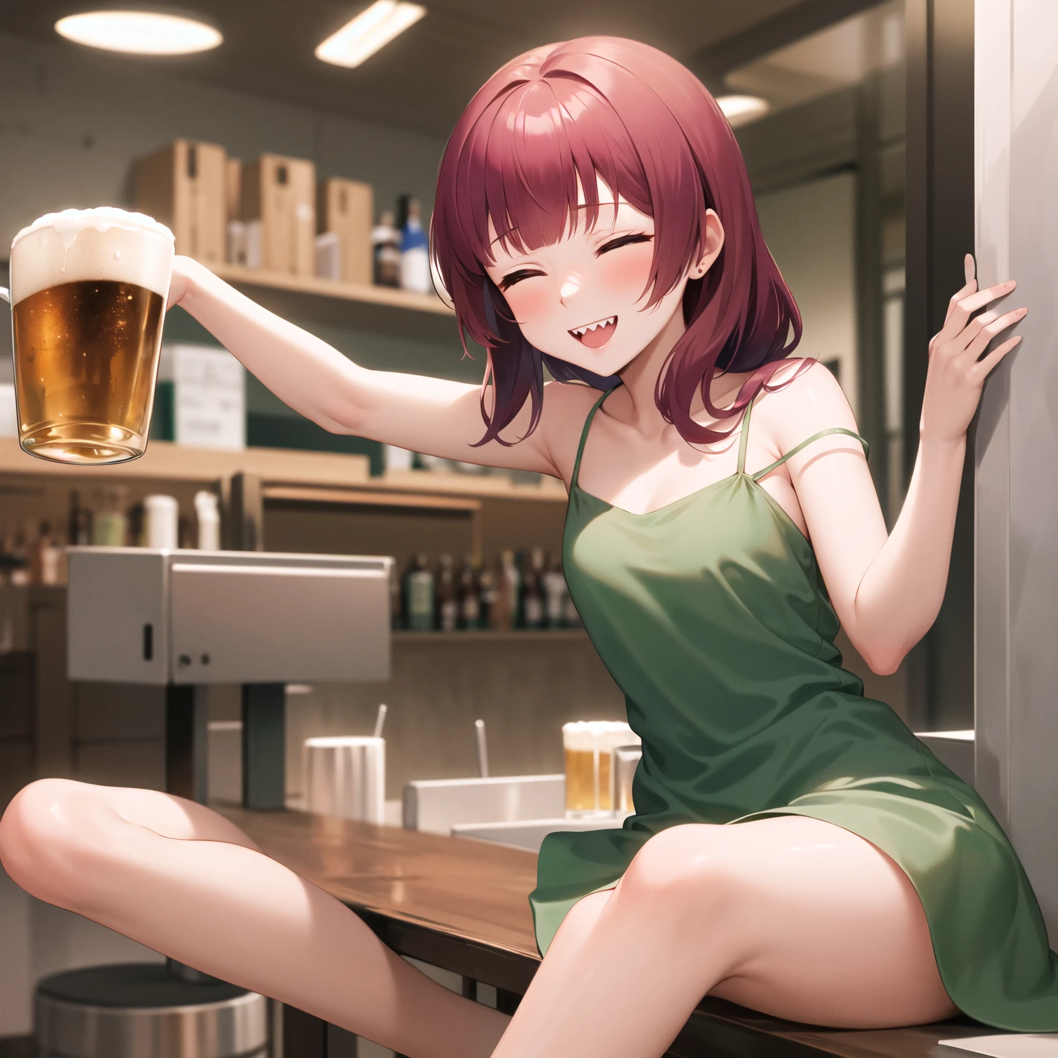 masterpiece, Highest Quality, high resolution, , long hair, single blade from Xiaoman, hair bow, shoulder hair, closed eyes, sharp teeth, medium bust, green dress, sleeveless, strap slip with disheveled hair, bar, is sitting, holding a cup , beer, intoxicated, smile