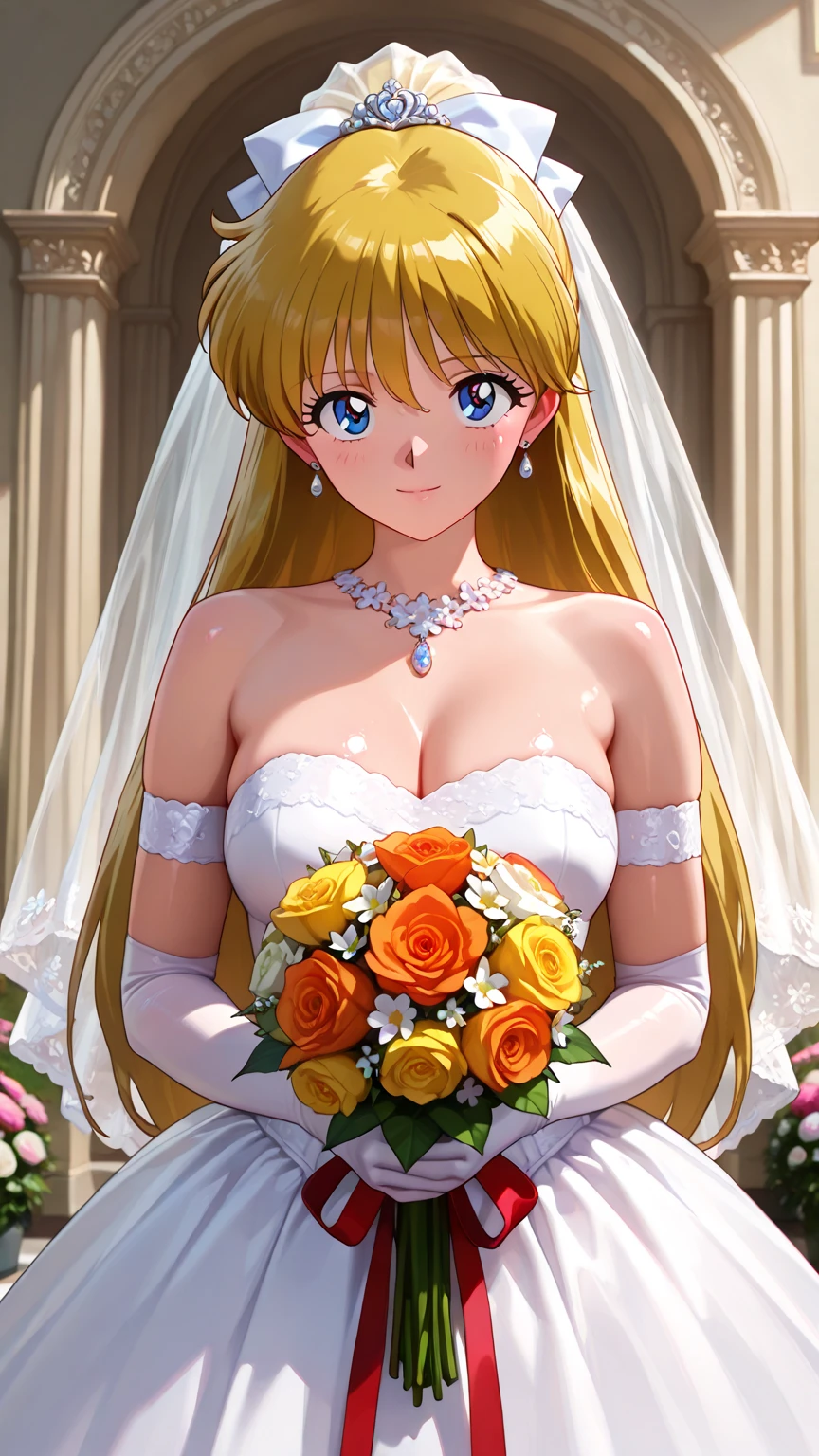 Sailor moon Huge breasts with bra and wedding dress with huge lace neckline with veil and bouquet in a Japanese courtyard