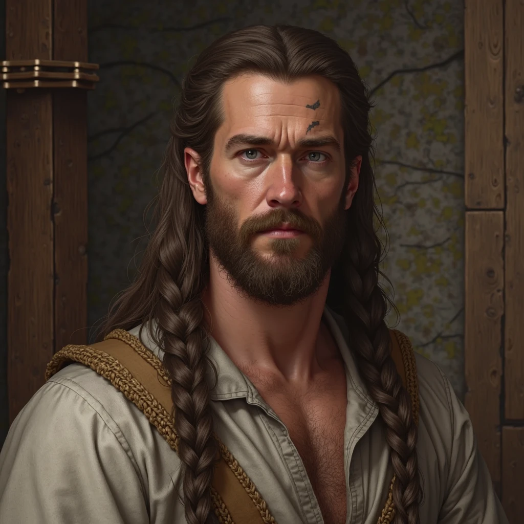 a stressed and depressed man with long brown hair, short beard, broad shoulders, detailed portrait, intense gaze, somber mood, moody lighting, cinematic composition, dramatic shadows, melancholic atmosphere, realistic rendering, cinematic lighting, oil painting, muted color palette, impasto texture, masterpiece