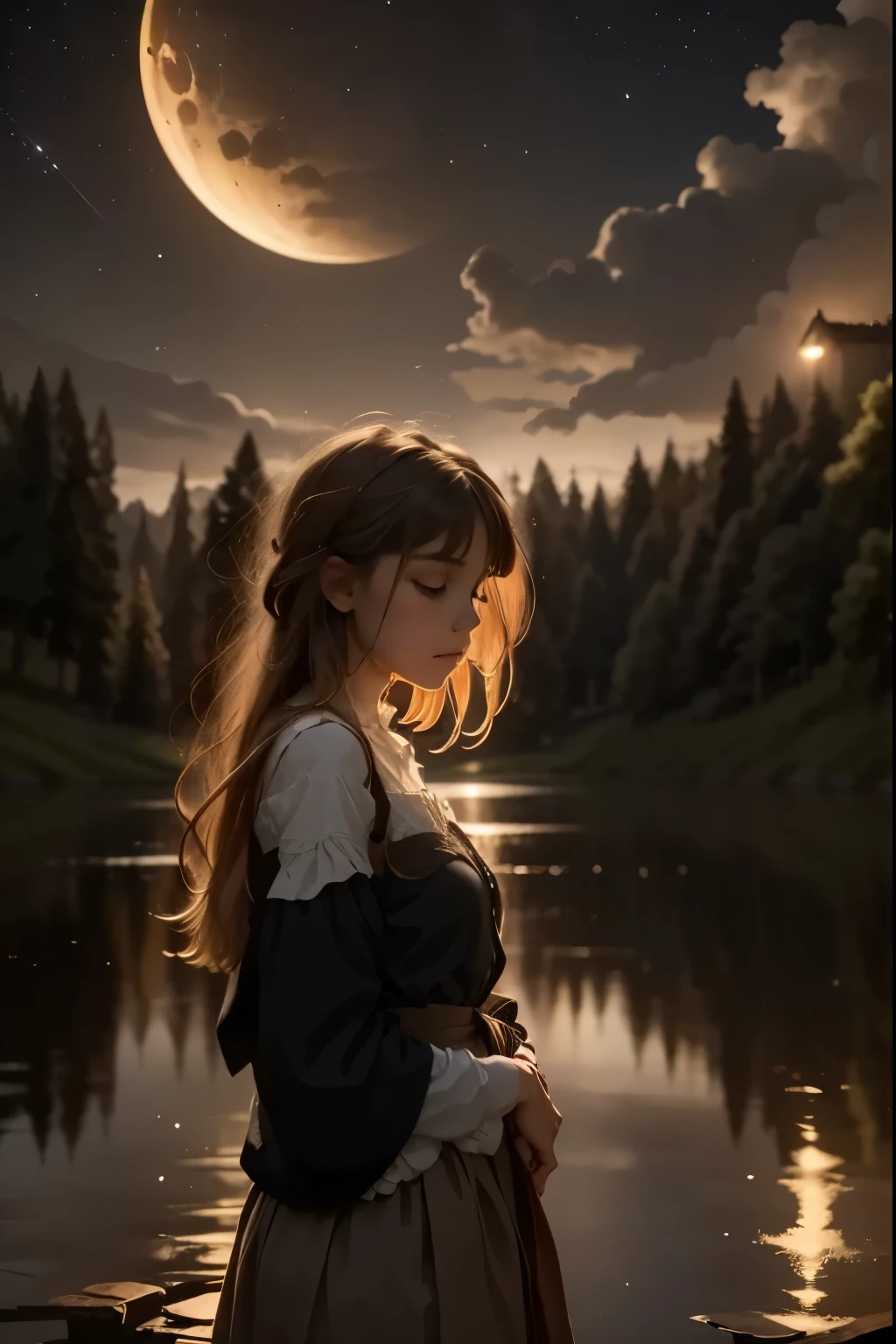 A serene clear night scene: a star-studded sky dominates the framing, with a subtle crescent moon hanging low on the horizon. The darkness is punctuated by a few wispy clouds, softly illuminated by the gentle light of distant stars. A lone figure stands at the edge of a tranquil lake, silhouette against the celestial canvas, lost in contemplation under the infinite expanse of the clear night sky.