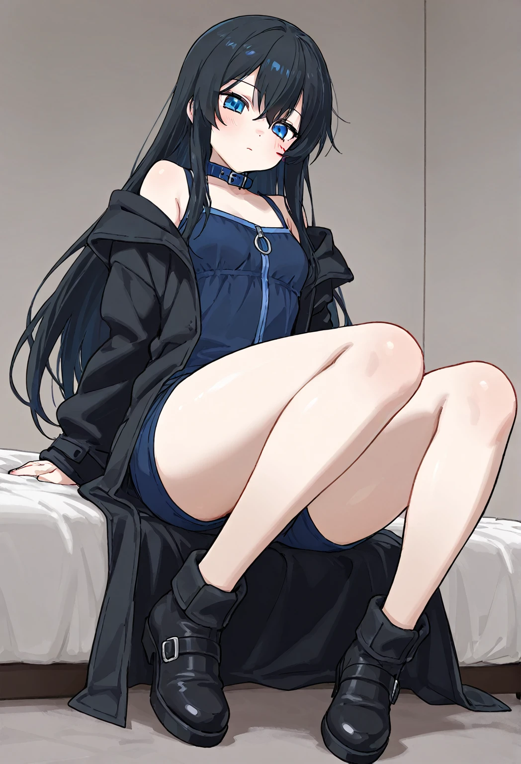 1girl, city,BREAK zozo-nosiro,oni horns,black hair,black eyes, long hair, ponytail, black bikini,black jacket, boots, bracelet,black enamel pants,pendant, BREAK smile,sitting, BREAK, (dark light:1.2),(hyper extreme detailed),(masterpeace:0.5),(hyper extreme),(photorealistic),game cg,llustration,novel illustration,beautiful lighting,light from the front,