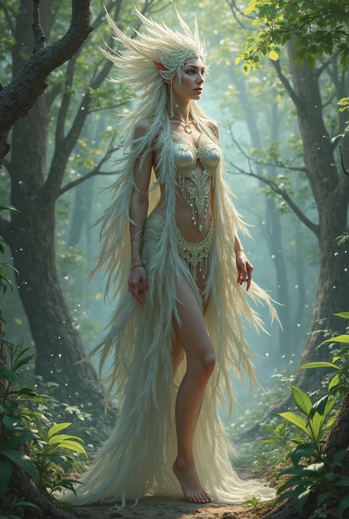 A woman with long straight white hair with green tips,She will be wearing a crop top and a skirt made of real flowers but she will wear a white fur coat to cover herself and she will wear white and black furry boots,she will do a very model pose,I want her to be beautiful and look like a model,she will be in the middle of an enchanted garden
