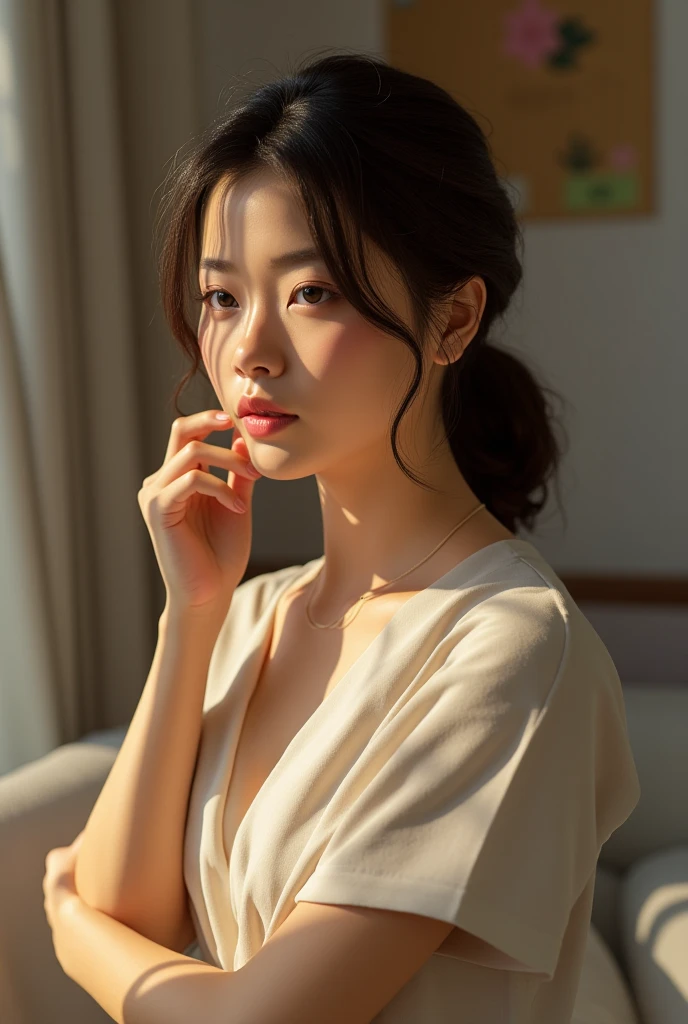 a close up of a woman in a white shirt and black top, cindy avelino, casual photography, handsome girl, clothed in white shirt, a young asian woman, mai anh tran, in white clothes, attractive girl, with backlight, casual pose, shot in canon 50mm f/1.2, beutiful, elegant profile pose