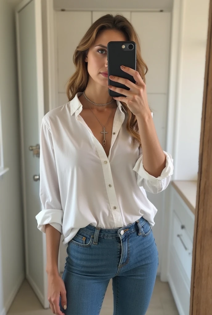 une femme blonde de 23 ans dans un mall, Achats, she holds her phone in her hand to take a selfie, Nous pouvons&#39;I can&#39;t see the phone, Photorealism, Blonde Hair with Light Brown Roots, cheveux blond, Cheveux avec des racines brunes, Very long hair, yeux bleus, belle femme, vue de face, Gros plan sur le visage, Elegant white shirt, short en jean bleu sexy, high quality, selfie, profondeur de champ courte