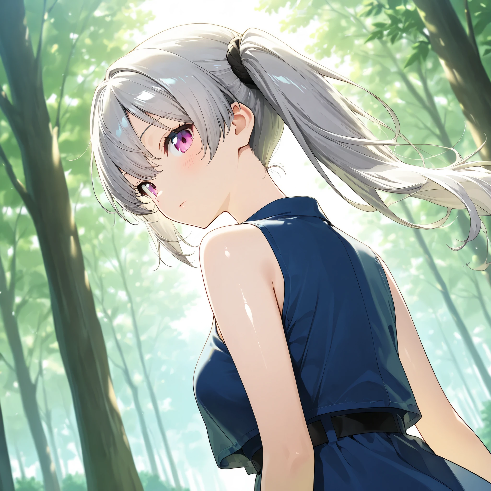 1 Girl, gray hair,Pink blue eyes ,Big , outdoor,wind, Game CG,,( masterpiece), (best quality), (ultra-fine), very aesthetic, illustration,super fine skin, shiny skin, ( masterpiece), (best quality), (ultra-fine), very aesthetic, milk,, REAL LIGHTING , 4K, 8,000,Her hair is tied to the right and tied in a side ponytail,forest