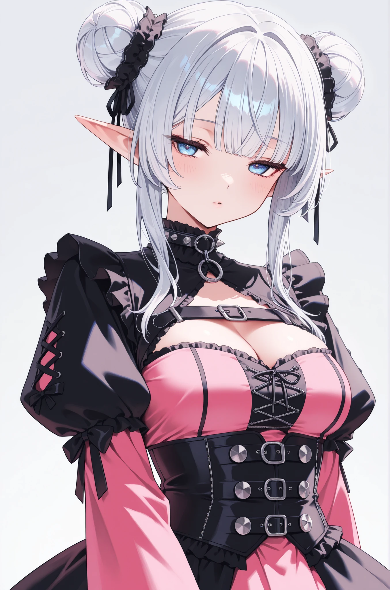 chubby woman, elf ears, blue irises, blue eyes, half-lidded eyes, medium breasts, pink and black cyebrpunk gothic dress, over the top of the outfit is a bolero with a high neckline and flared kimono sleeves, double buns with straight bangs, silver hair, a beautiful face in a seductive coy expression