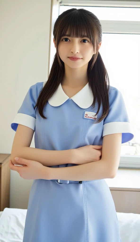 ((top quality, 8k, muste piece: 1.3)), beauty, one japanese girl, nurse, whole body, perfect anatomy, Are standing, black hair, Blunt Bangs, Lower ponytail, 20 years old, face focus, detailed face, highly detailed lips, fine eyes, sweaty skin: 1.2, nurse uniform, light blue dress, nurse cap,スカートを捲る