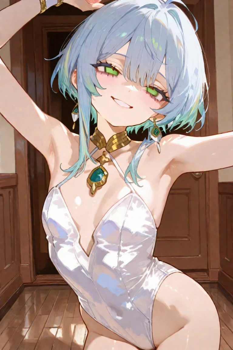 moody lighting, cute girl, (platinum blue hair), ((drill hair)), perfect face, smug smile, (glowing red eyes), (naked), (petite), (slender), (tiny breasts), (flat chest), ((18 years old)), skindentation, extreme detail, attractive oval face, pink lips, pink nipples, glossy skin, detailed hair, face focus, close-up chest, gold ornamental necklace, earrings, (1 girl),