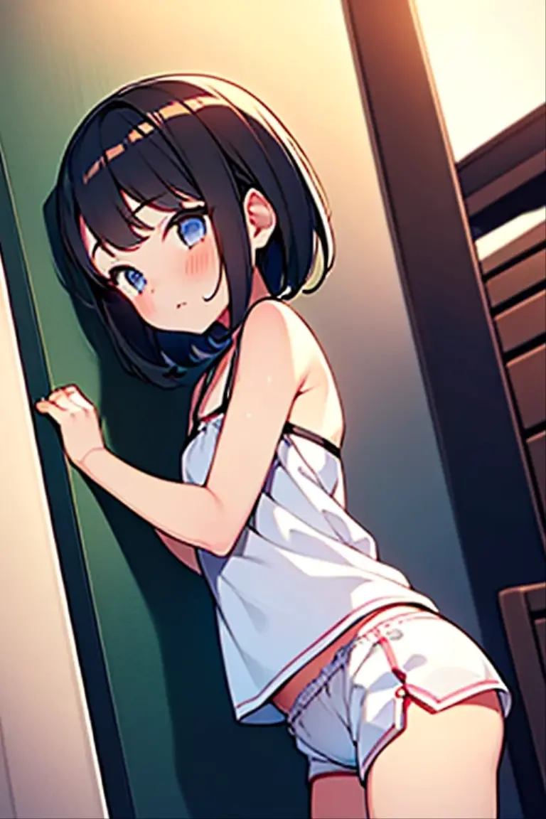 (8K、Highest image quality、highest quality、masterpiece)、detailed face、 1 girl、black hair、twintails、blunt bangs、gray eyes、evil smile、((grin))、small breasts、((white bra))、((Naked lower body))、cowboy shot、look back、Turning your butt off、((male masturbation))、((pov hands))、((penis))、Gym storeroom、((nsfw))