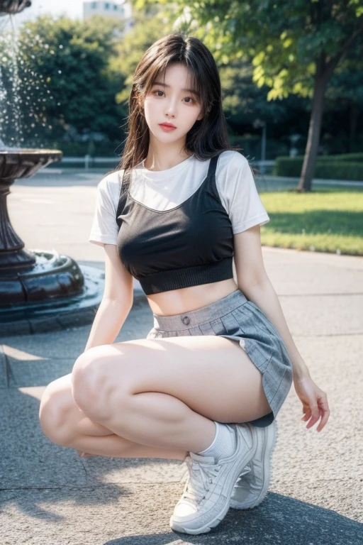 Crop top, short pants, shoes, piercing, ponytail, 4K, sport