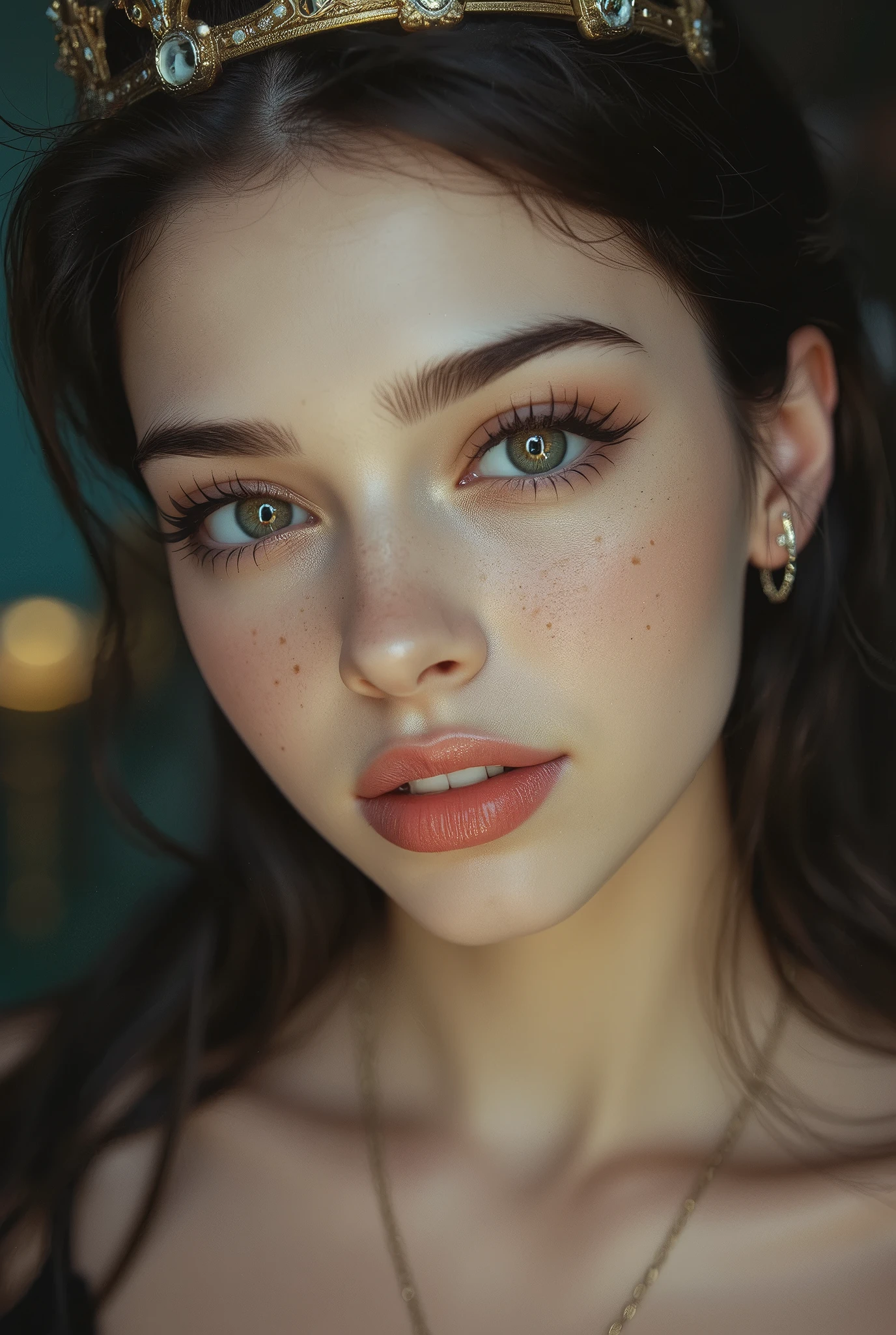 close-up of a beautiful woman's face , Beautiful Eyes, complicated, Chest, soft lips , smile, naughty, seductive gaze, freckles, crown, jewelry on kiss butt