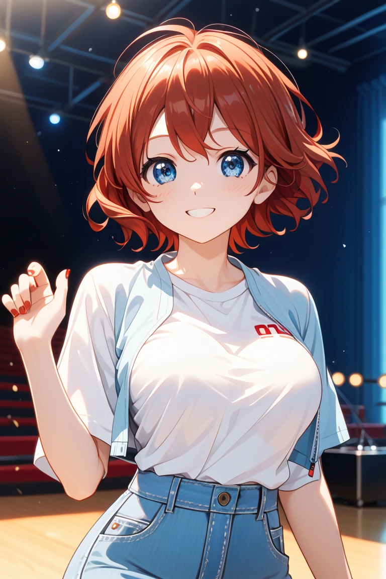 masterpiece, best quality, cute anime girl, arima kana, idol, big round eyes, vibrant gradient red hair, innocent face, wearing an idol dress, on stage, dark pink eyes, curious face <lora:kanaMixV3_LoRA128:1>