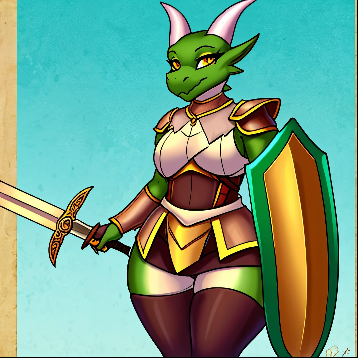 A male orange anthropomorphic skiny furry dragon, (thick thighs) wearing skimpy fantasy armor, holding a sword, front faceing, round snout, in a house, solo