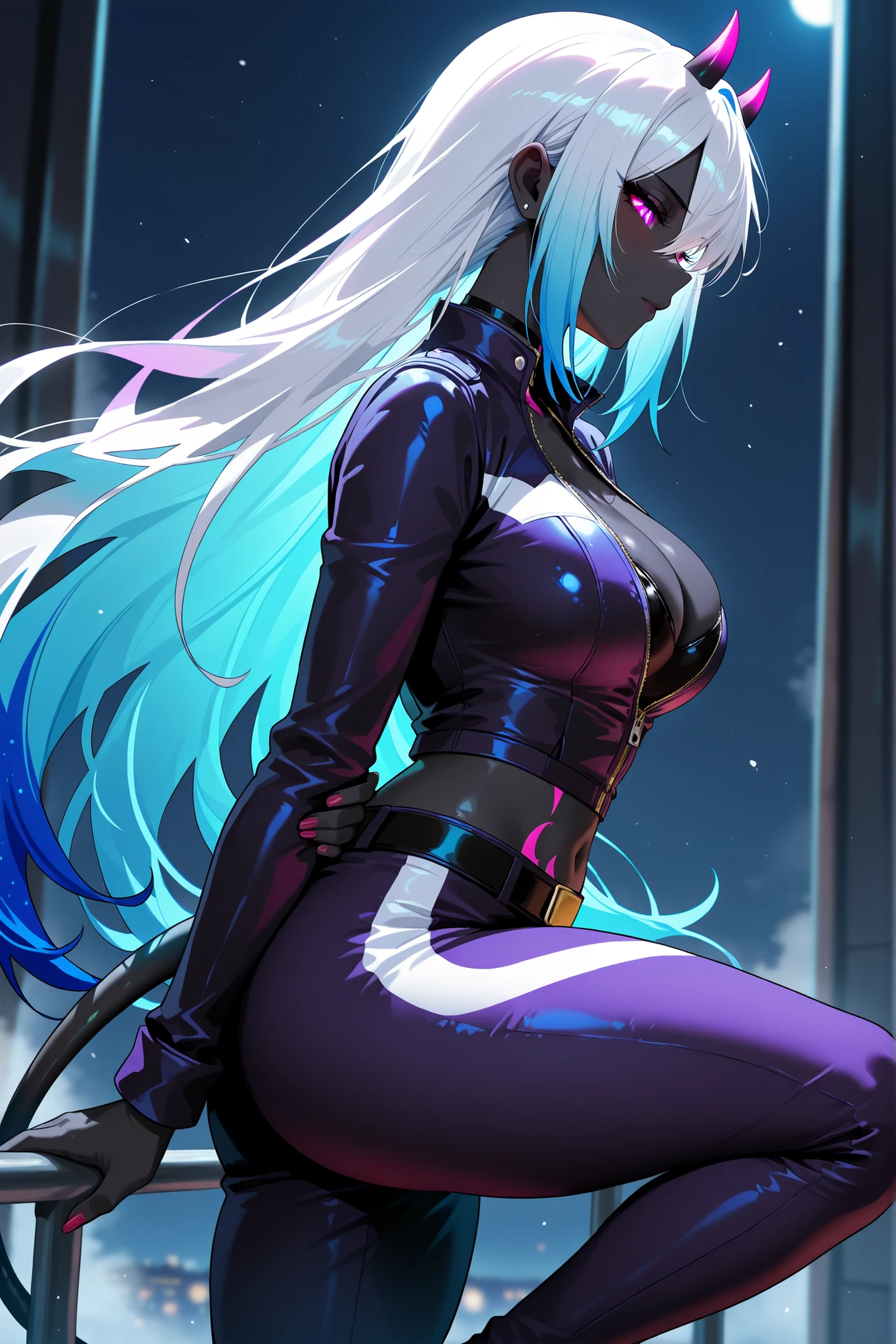 Anime woman white hair purple eyes big ass big tits in leggings and with a black top with focus on the back and her navel showing and she is very, very hot