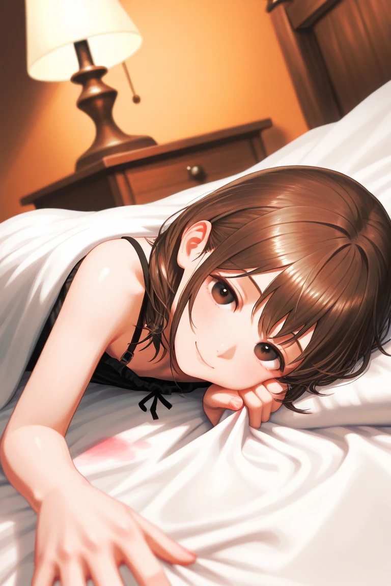 1girl,solo,yuuki mikan,, ,brown hair,, ,1girl,,,small breasts,,on bed,smile,nsfw,(spoken heart),naked,nude,lying on back