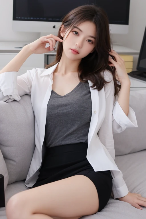 An elegant, upper-class, elite secretary in a business shirt, Working in the office、厳格なsuitを着ている, Wearing pantyhose、Wear high-quality high heels、 Girl in a shirt, suitを着ている, suitを着ている, suitを着て, Businesswoman, Business Wear, 黒のsuitを着ている, Wear a shirt and skirt, suitを着た女性, suit, ビジネスsuit, RAW Photos, (8k、highest quality、masterpiece:1.2)、(Intricate details:1.4)、(Photorealistic:1.4)、Octane Rendering、Highly detailed and intricate 3D rendering, Soft studio light, Rim Light, Crisp details, Super Detail, Realistic skin texture, Detailed aspect, Beautiful fine details, Highly detailed CG Unity 16k wallpaper, Compensate, (Detailed Background:1.2), Exposed thighs!!!,(Open Leg 1.5).Panties Pensive Lingerie), The blouse has a wide opening at the chest., Exposed Skin, Protruding nipples.