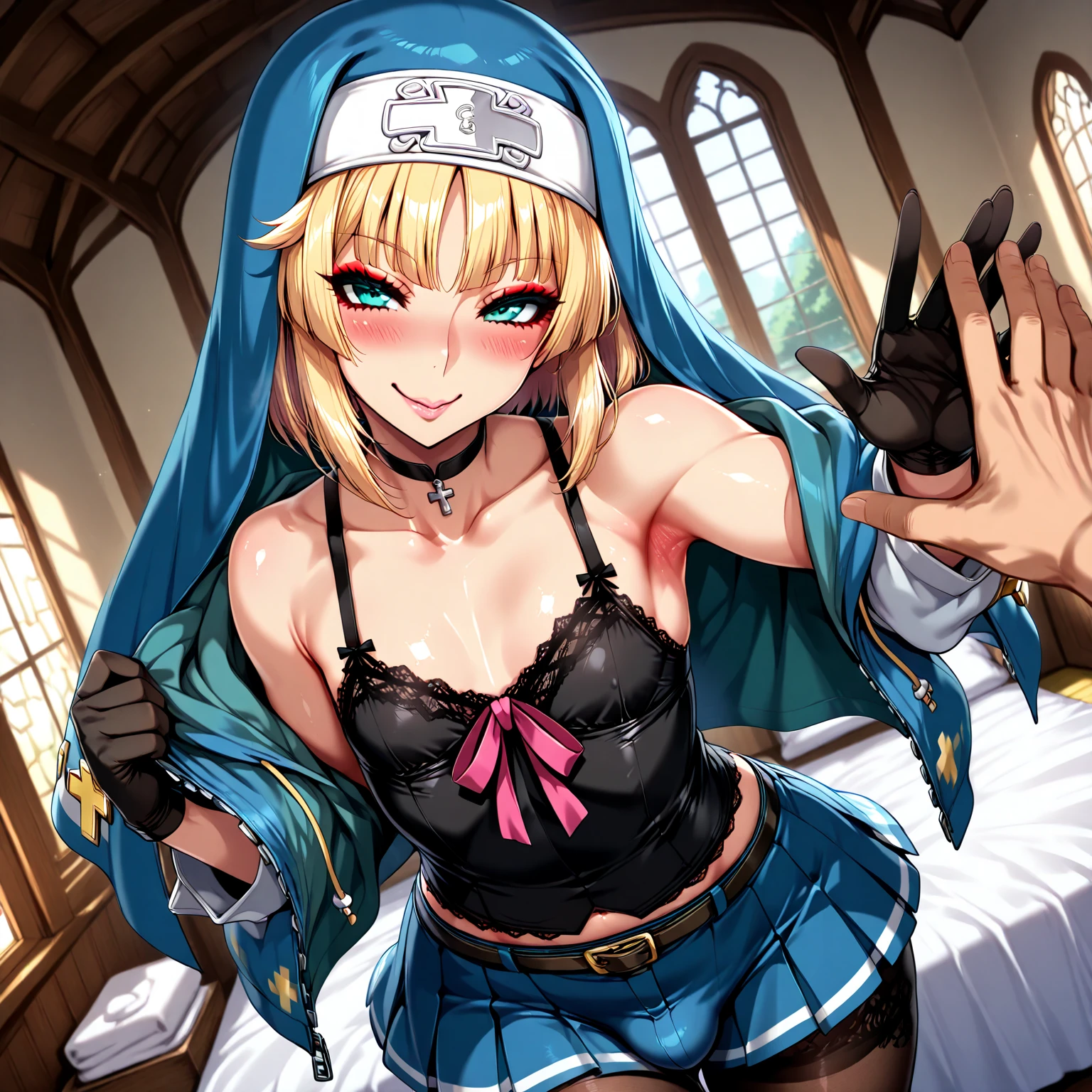((masterpiece, best quality, highres, UHD, perfect pixel, depth of field, 8k, RTX, HDR)), BREAK, 1girl, single, solo, beautiful anime girl, beautiful artstyle, anime character, ((long hair, blond hair)), (purple:1.4, rounded eyes, beautiful eyelashes, realistic eyes),big breast, without clothes wearing only a white apron, covered in sweat, blushing, with a smile, BREAK, holding a bitten bread in the hand, sexy pose in a pastry shop with shelves with a lot of bread.