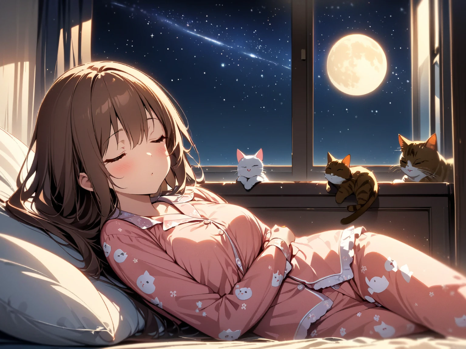 a girl, cat ear, sleeping, full body, a bed with stuffed animals, a colorful room, a window, night