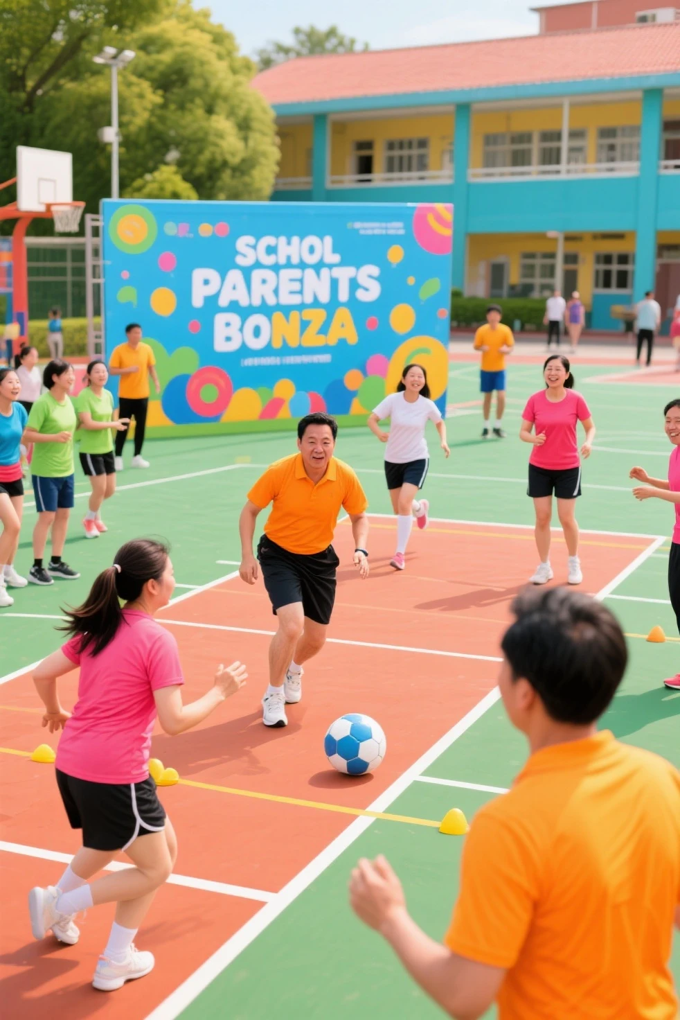 Playing ball with children in kindergarten and teacher