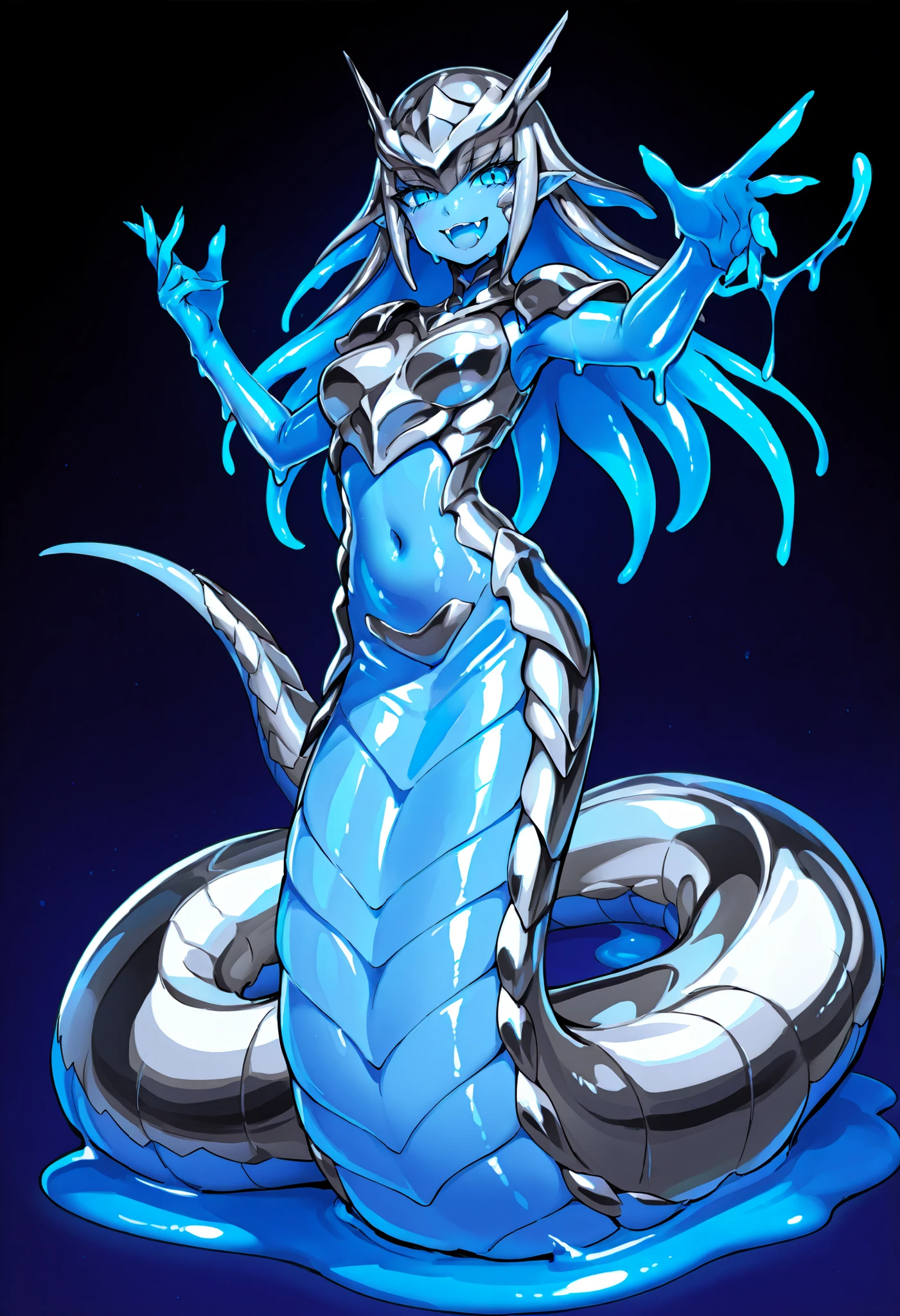 Alien fusion girl. HR Giger design elements. Liquid metal body. Slime body. Black image color. Bone armor. Arms transform into monsters. Monster head. Baring fangs. Lamia lower body. Tail made of spine.