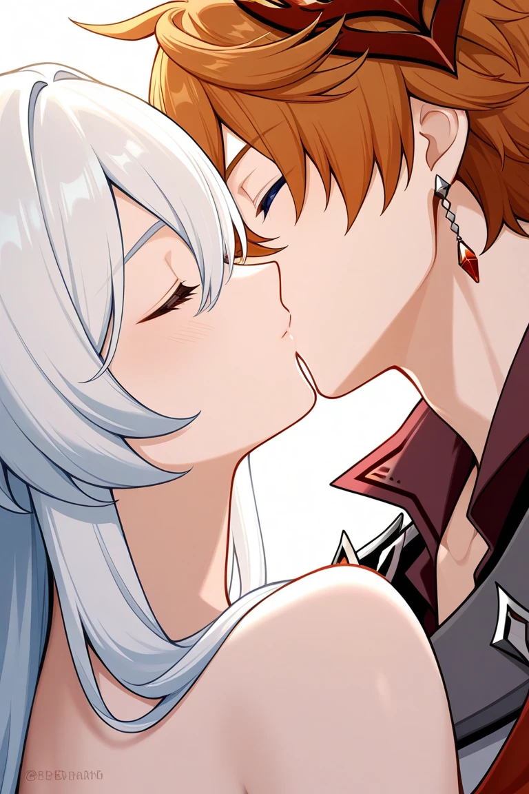 White hair, red eyes, kisses, tongues intertwined, lying down