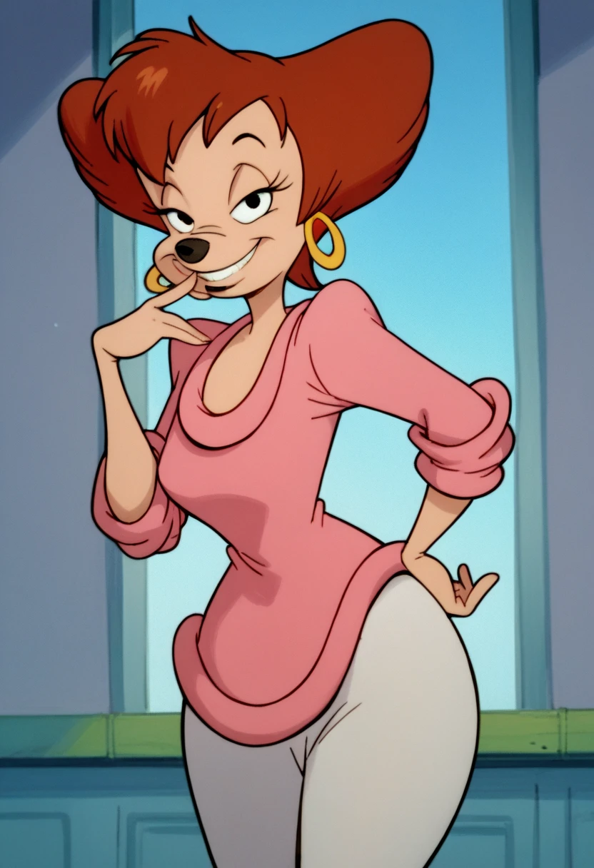 masterpiece, best quality, one girl, solo, detailed face, looking at the viewer, black eyes, gold hoop earrings, small breast, 5 fingers, seductive smile, formal background, detailed skin texture, (blush: 0.5), (goosebumps: 0.5), subsurface scattering, detailed skin texture, (blush: 0.2), (goosebumps: 0.3), subsurface scattering, sexual expression, white pants, pink shirt, right hand on thigh, left hand on hip, portrait