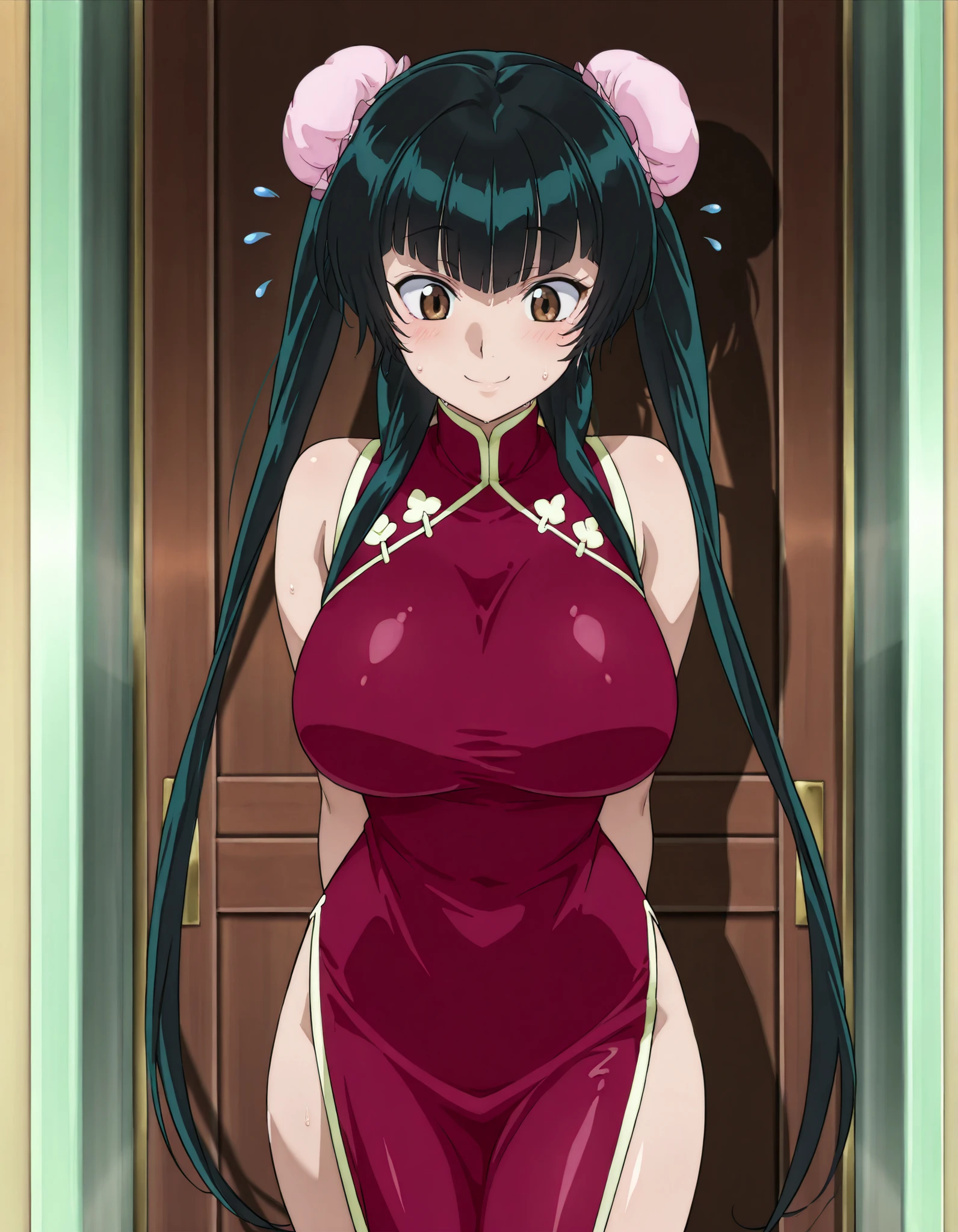 (((Masterpiece))), (((Best Quality))), ((Super Detail)), ultra-High resolution, score_9_up, score_8_up, score_7_up, score_6_up, score_5_up, score_4_up, BREAK, source_anime, anime screencap, Masterpiece, (best shadow), (absurdres), (detailed background), (very aesthetic), shiny, detailed beautiful eyes, outstanding, countershading, detailed soft lighting, an exquisite animation illustration, cowboy shot, 1girl, solo, anime coloring, Wang Liu Mei,black_hair, long_hair, twintails, hair buns, brown eyes, huge_breasts, Chinese dress, sweat, sweatdrops, flying sweatdrops, sweat soaking, smile, cowboy shot, shiny skin, shiny clothes, wet, thick thighs,